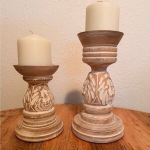 Rustic Wooden Candle Holders - Cream and Brown